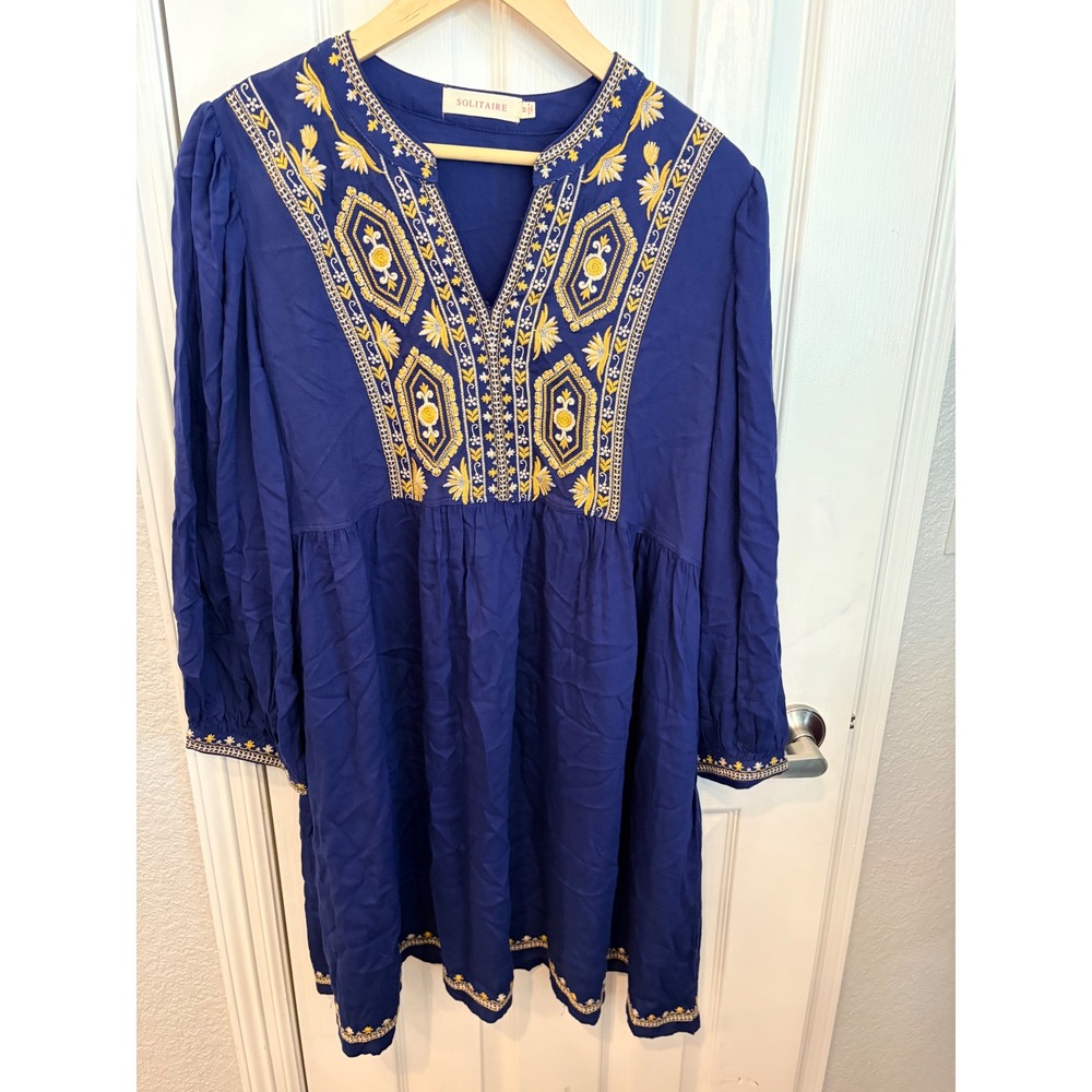 Solitaire Mini Dress Blue Embroidered Long Sleeve Boho Babydoll